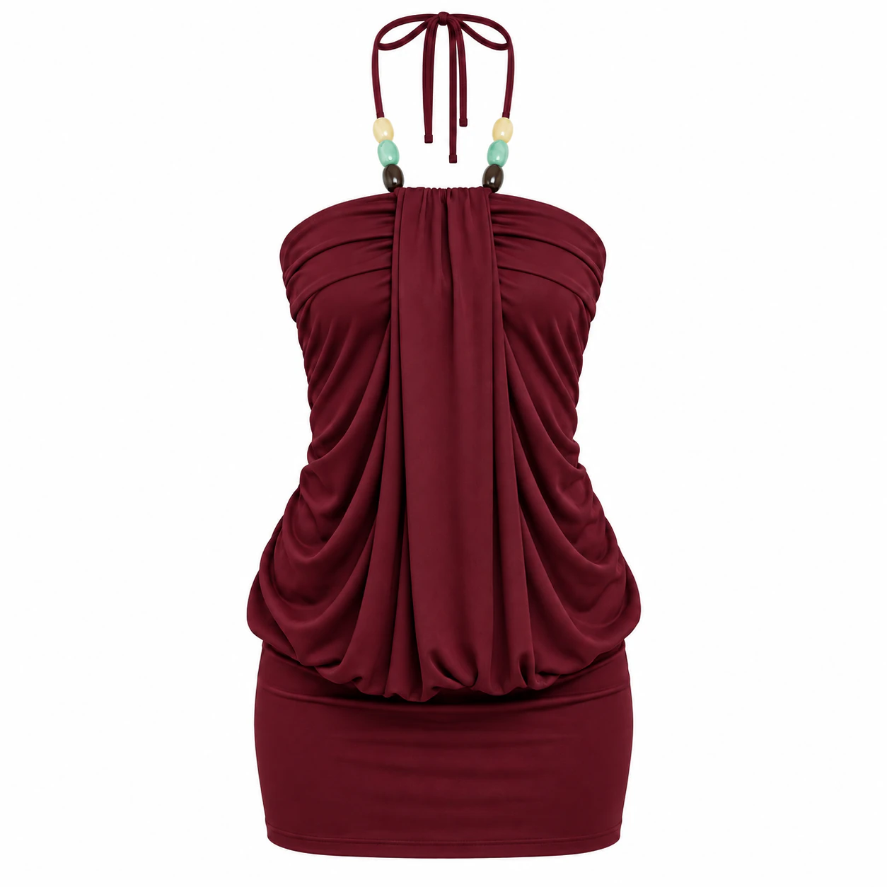 Burgundy beaded tie-halter draped mini dress option