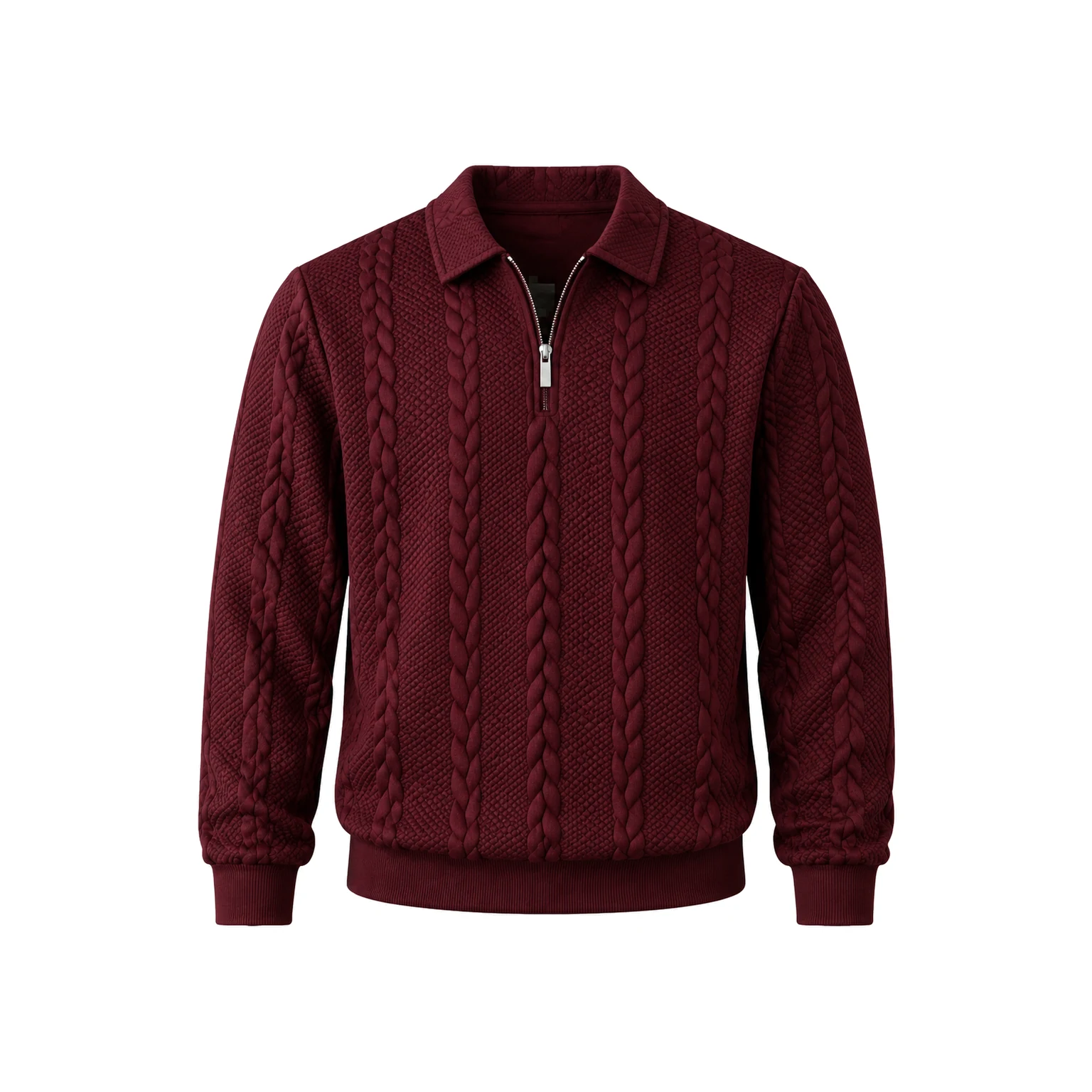 Burgundy cable-knit half-zip polo sweater.