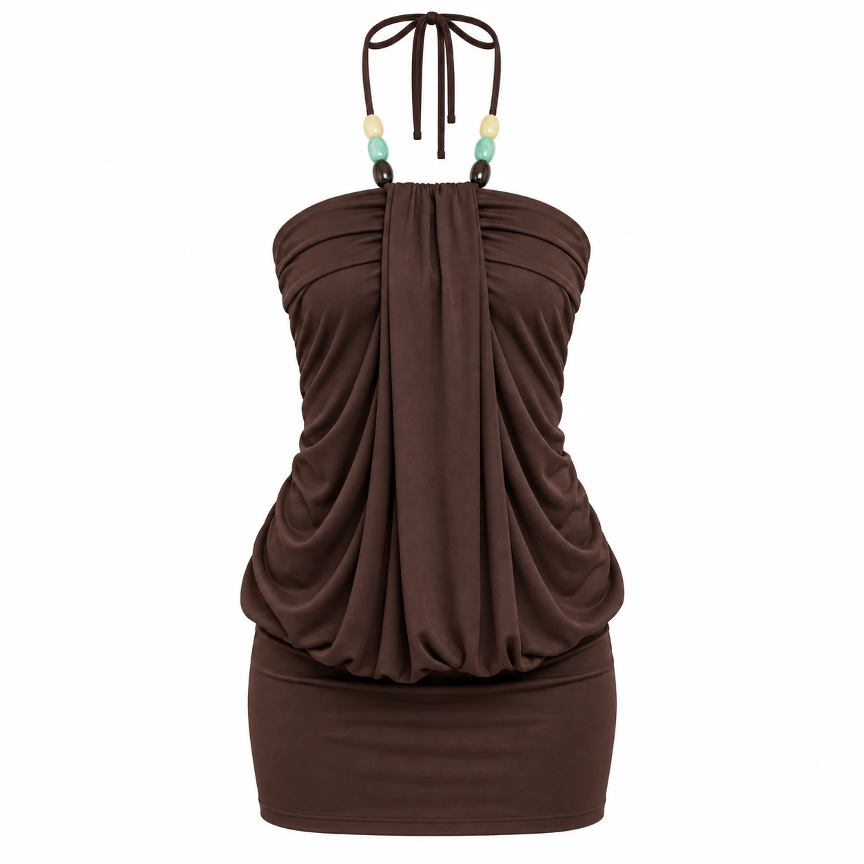 Coffee Brown beaded tie-halter draped mini dress option