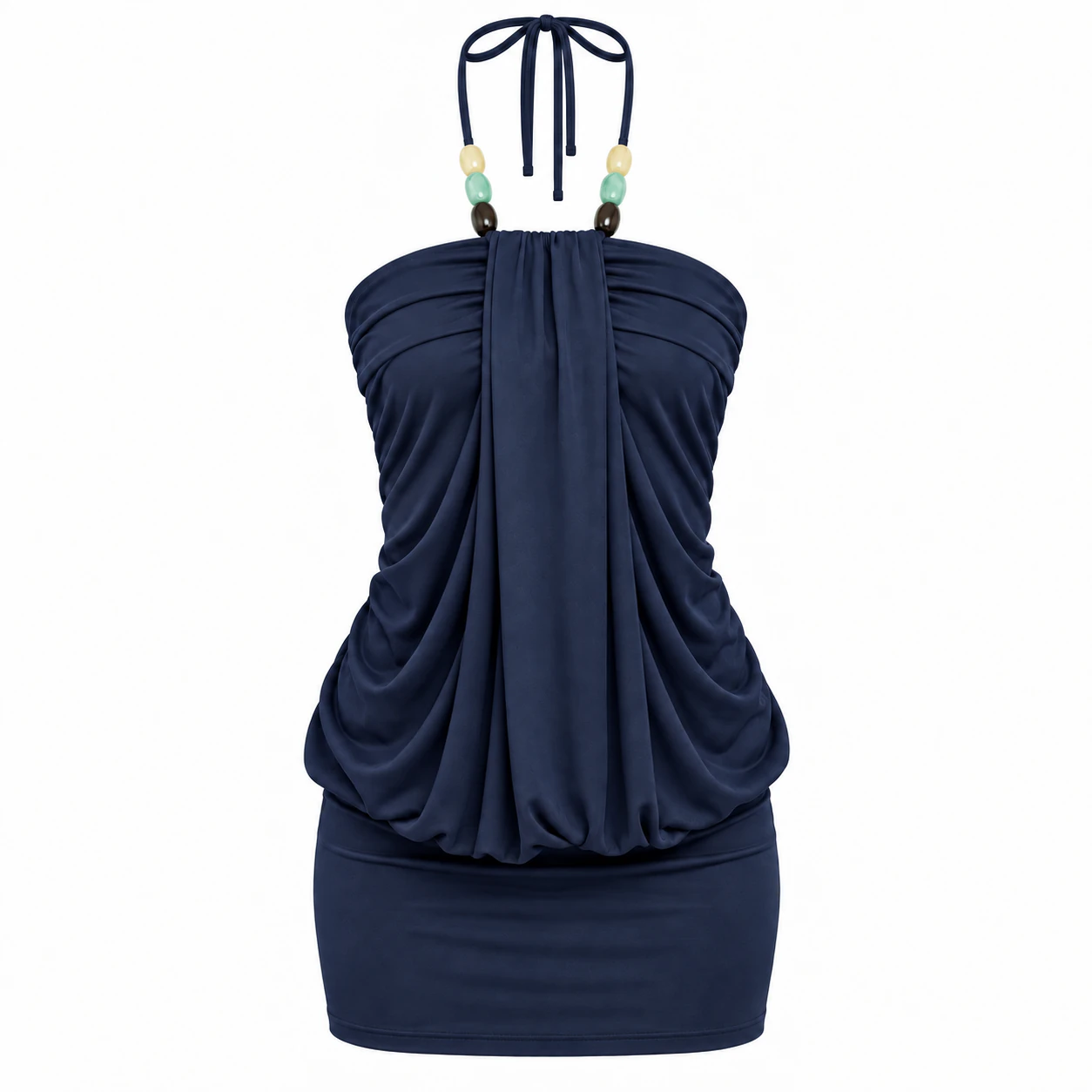 Dark Blue beaded tie-halter draped mini dress option
