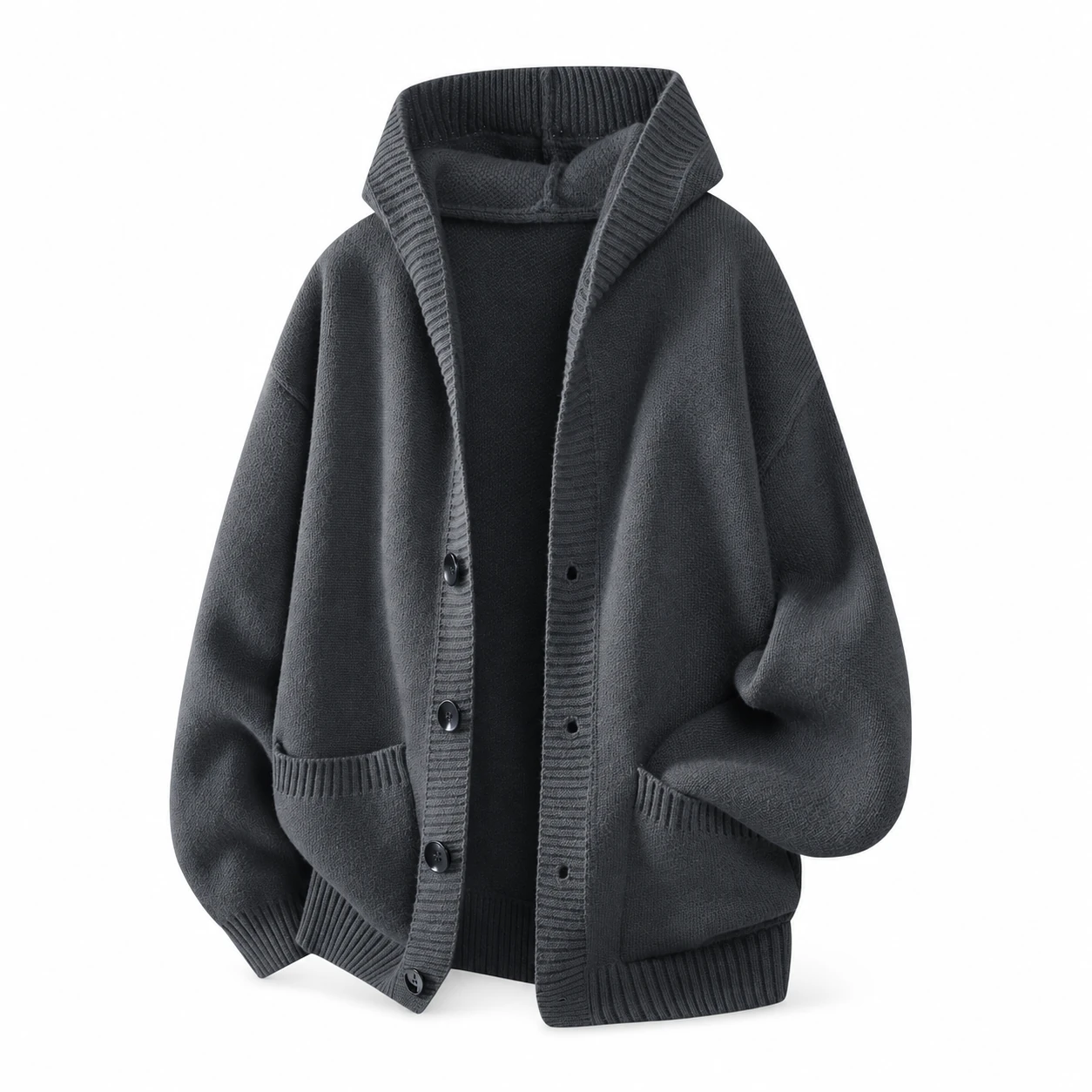 Dark gray hooded knit cardigan
