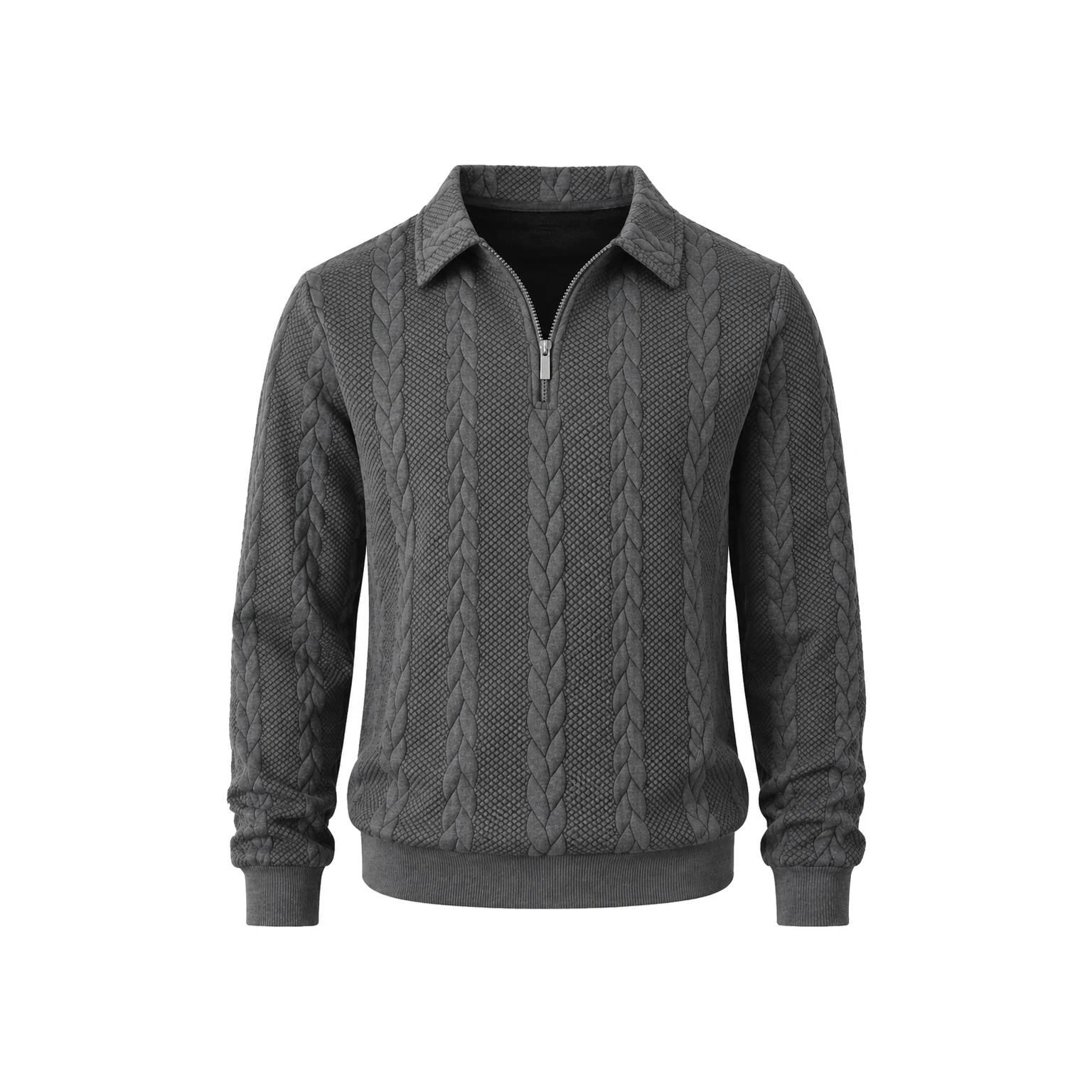 Dark Gray cable-knit half-zip polo sweater.