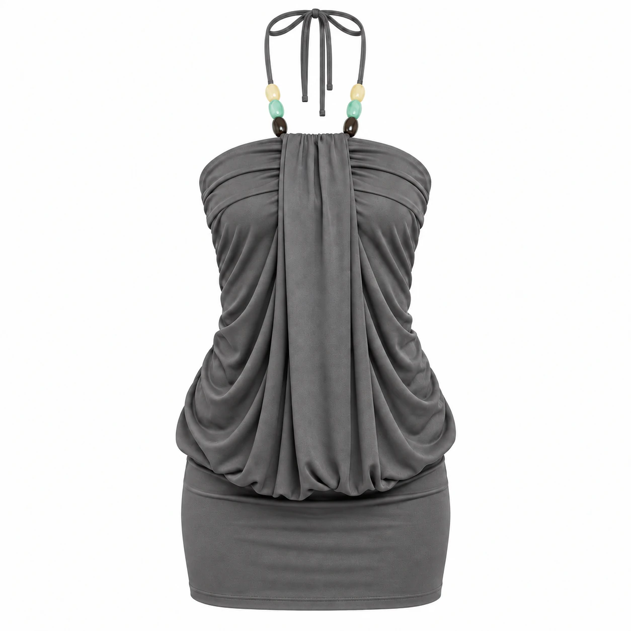Gray beaded tie-halter draped mini dress option