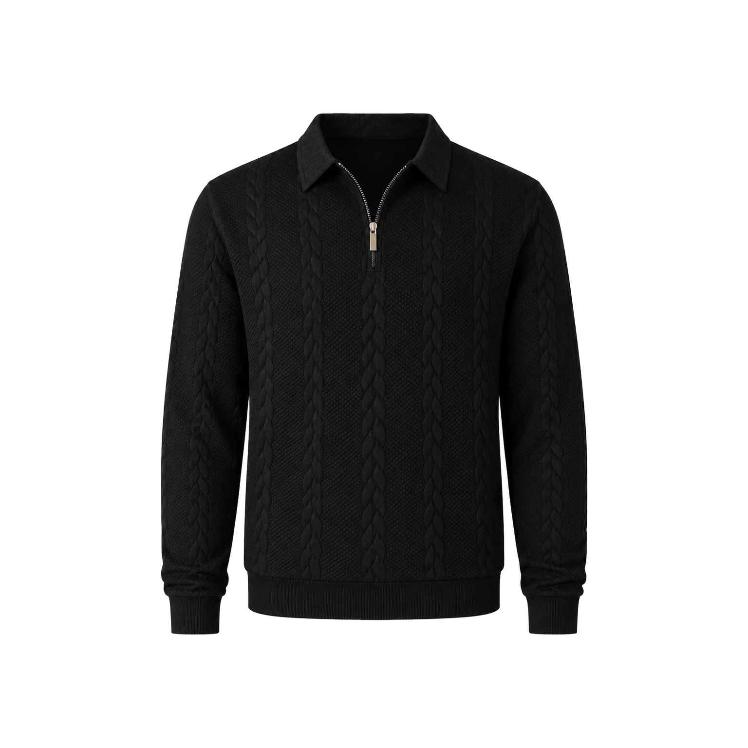 Jet Black cable-knit half-zip polo sweater.