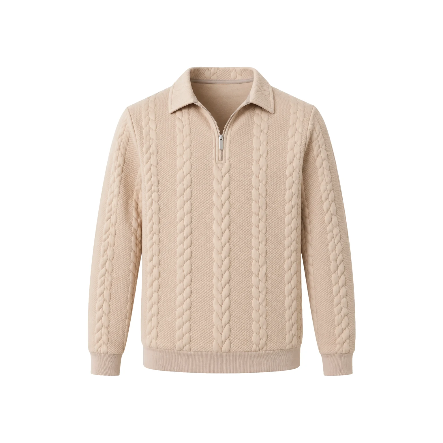 Khaki cable-knit half-zip polo sweater.
