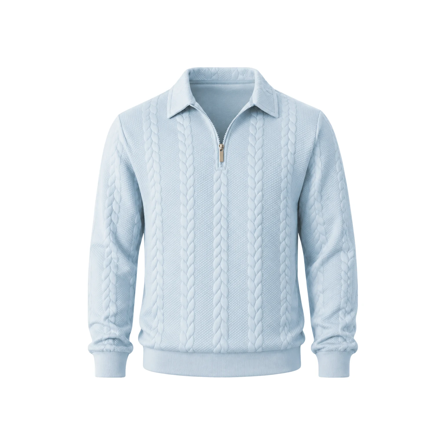 Light Blue cable-knit half-zip polo sweater.