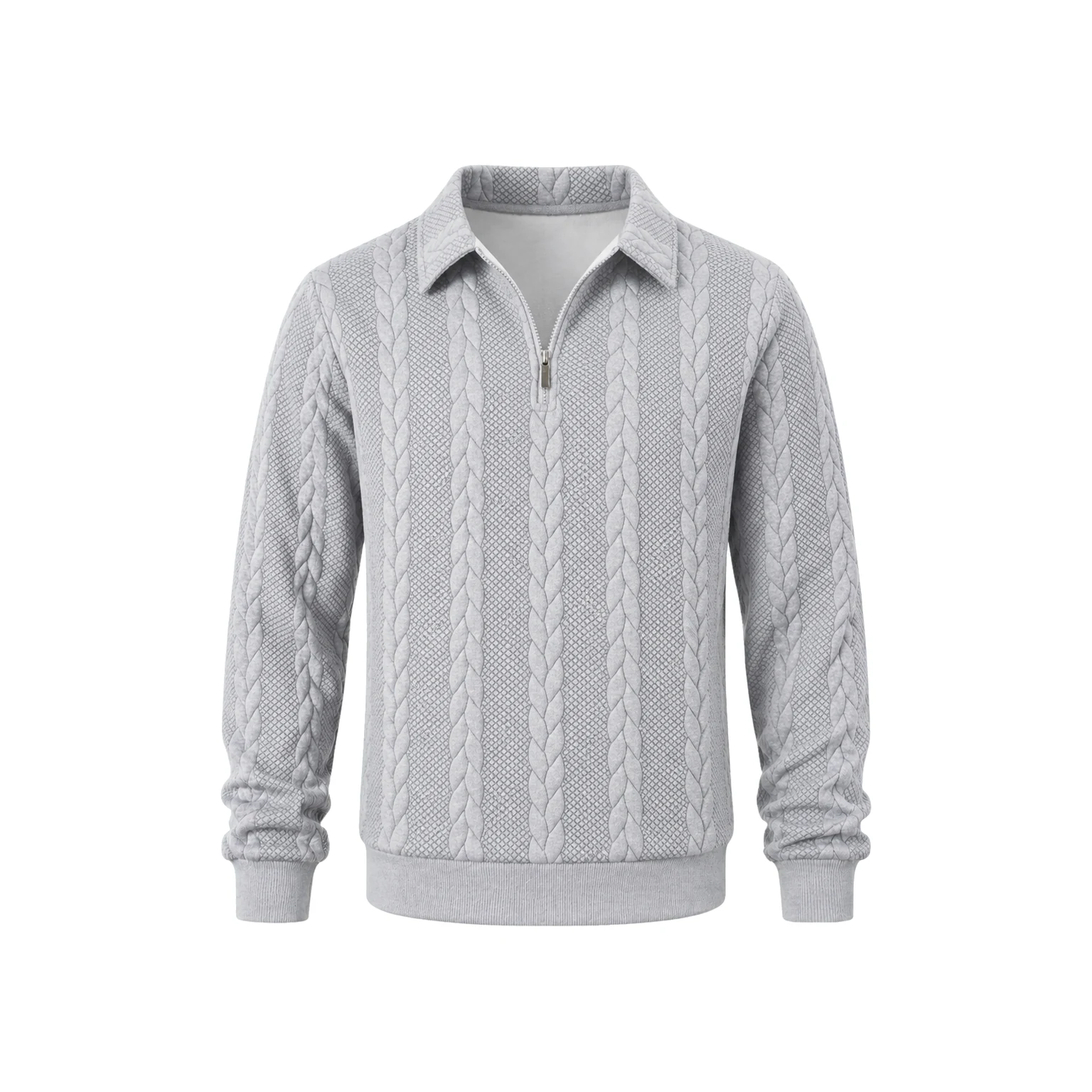 Light Gray cable-knit half-zip polo sweater.