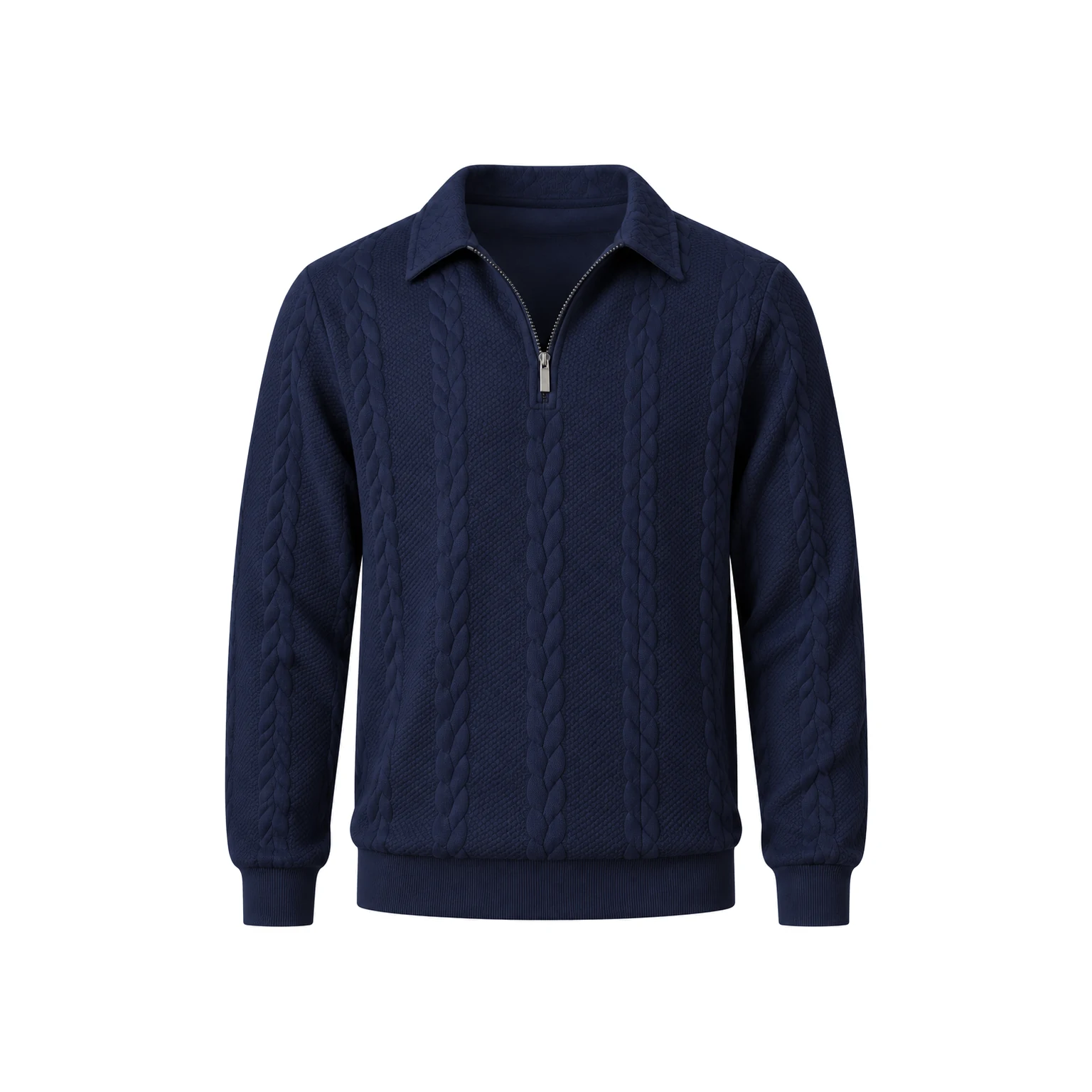 Navy Blue cable-knit half-zip polo sweater.