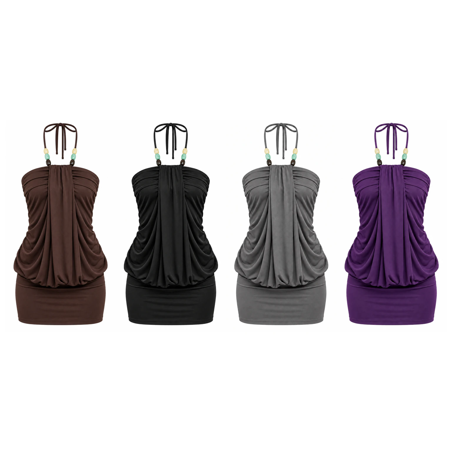 Neutral 4-Pack beaded tie-halter draped mini dress option
