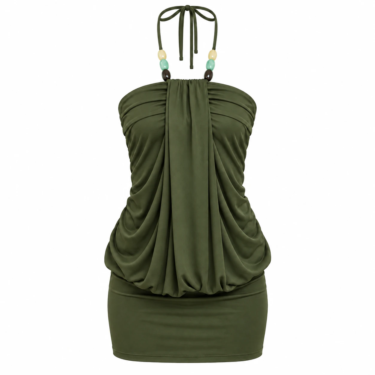 Olive Green beaded tie-halter draped mini dress option