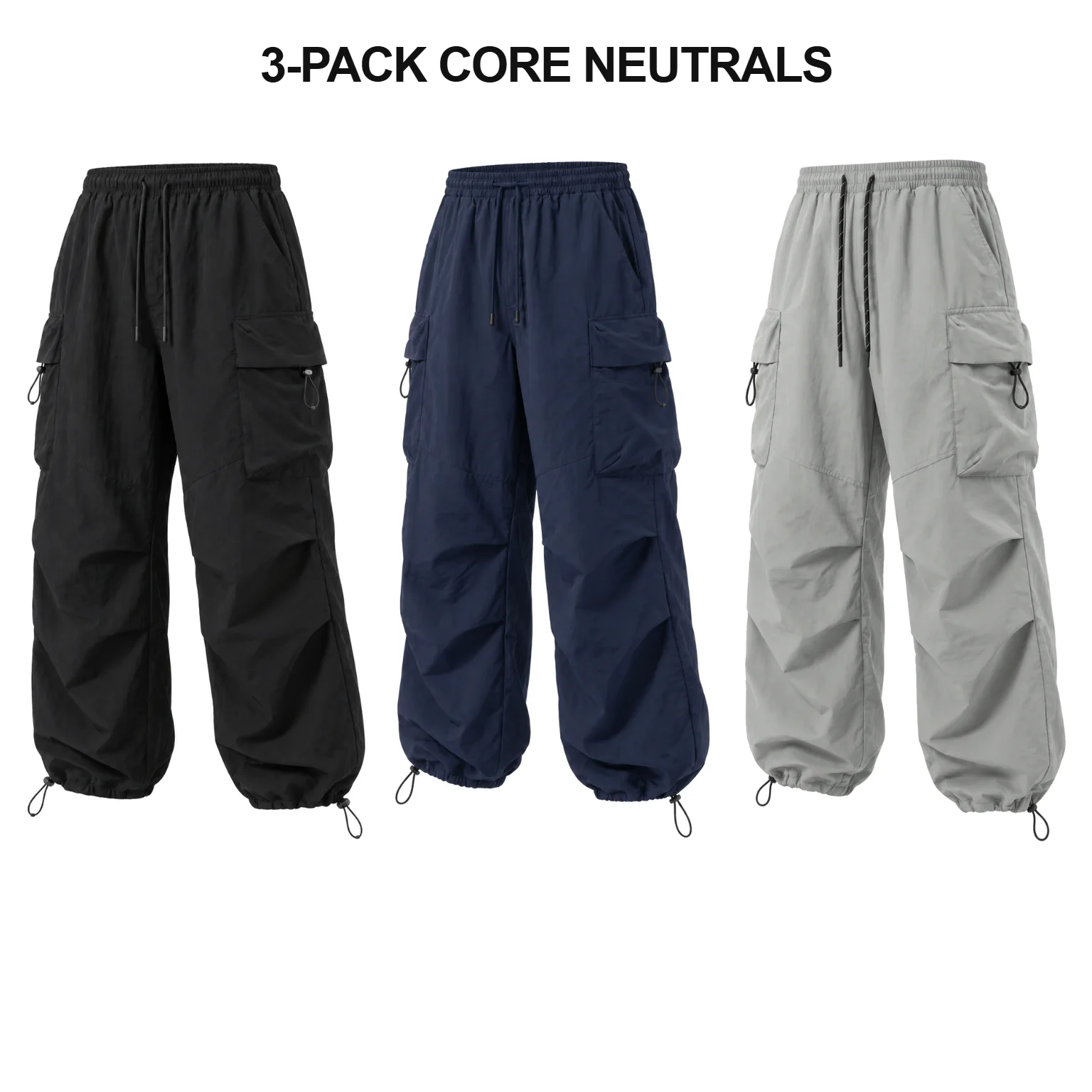 3-Pack Core Neutrals unisex lightweight cargo pants
