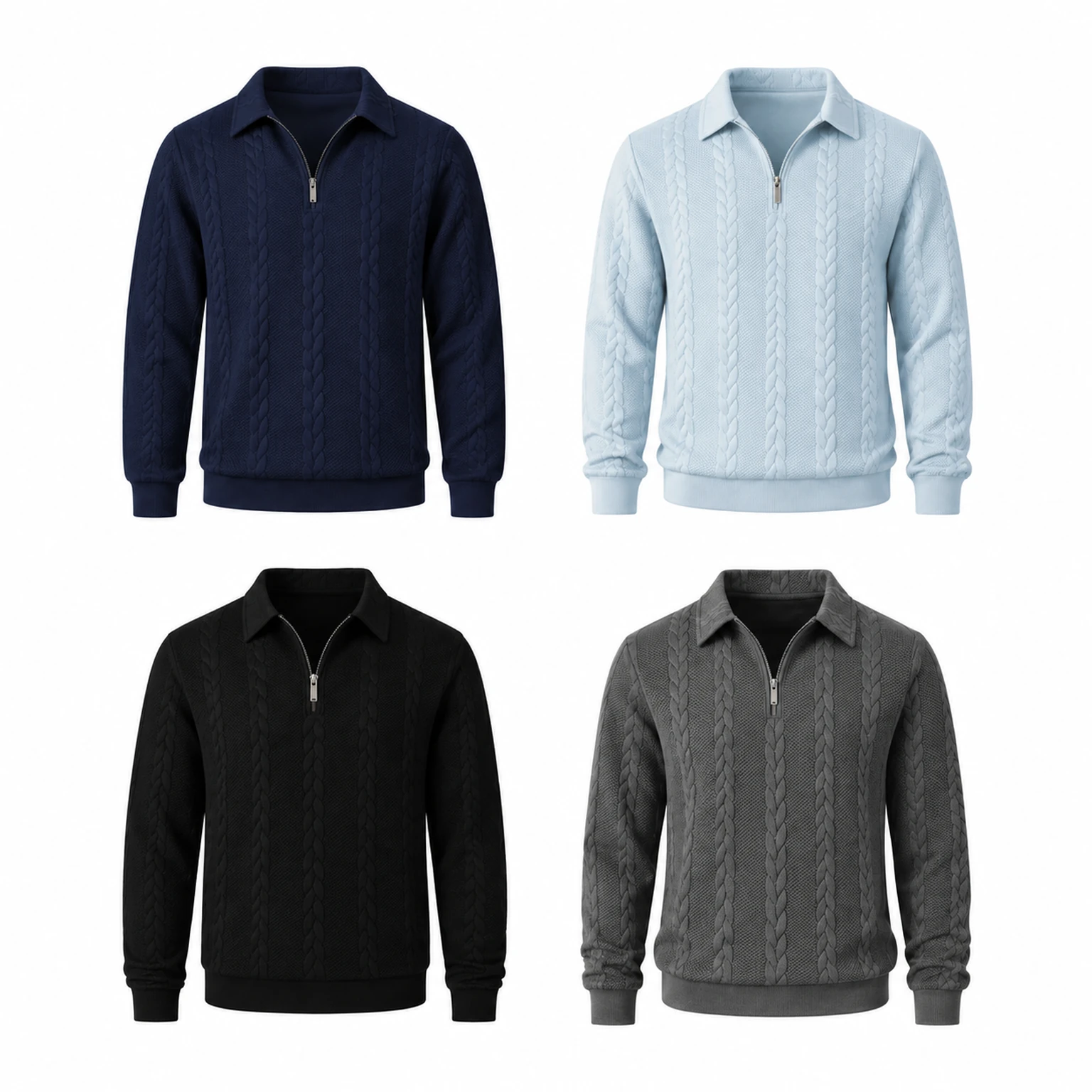4-Pack Cool Tones cable-knit half-zip polo sweaters arranged in a 2 by 2 grid.
