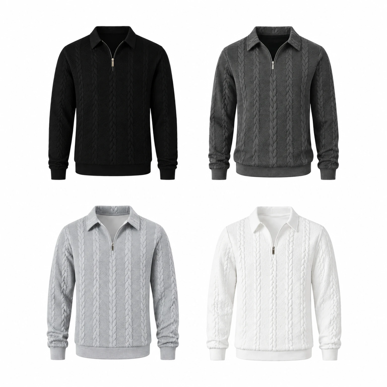 4-Pack Neutral Essentials cable-knit half-zip polo sweaters arranged in a 2 by 2 grid.