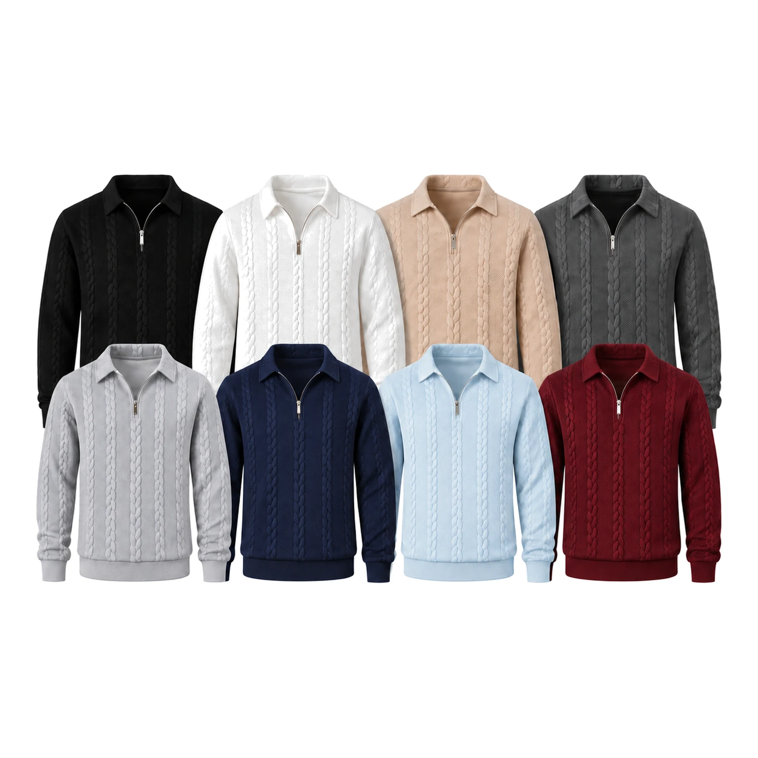 8-Pack All Colors cable-knit half-zip polo sweaters.