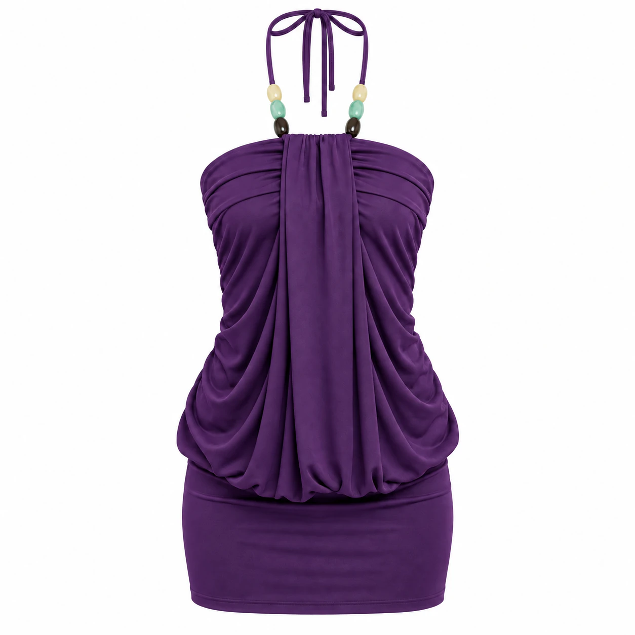 Purple beaded tie-halter draped mini dress option