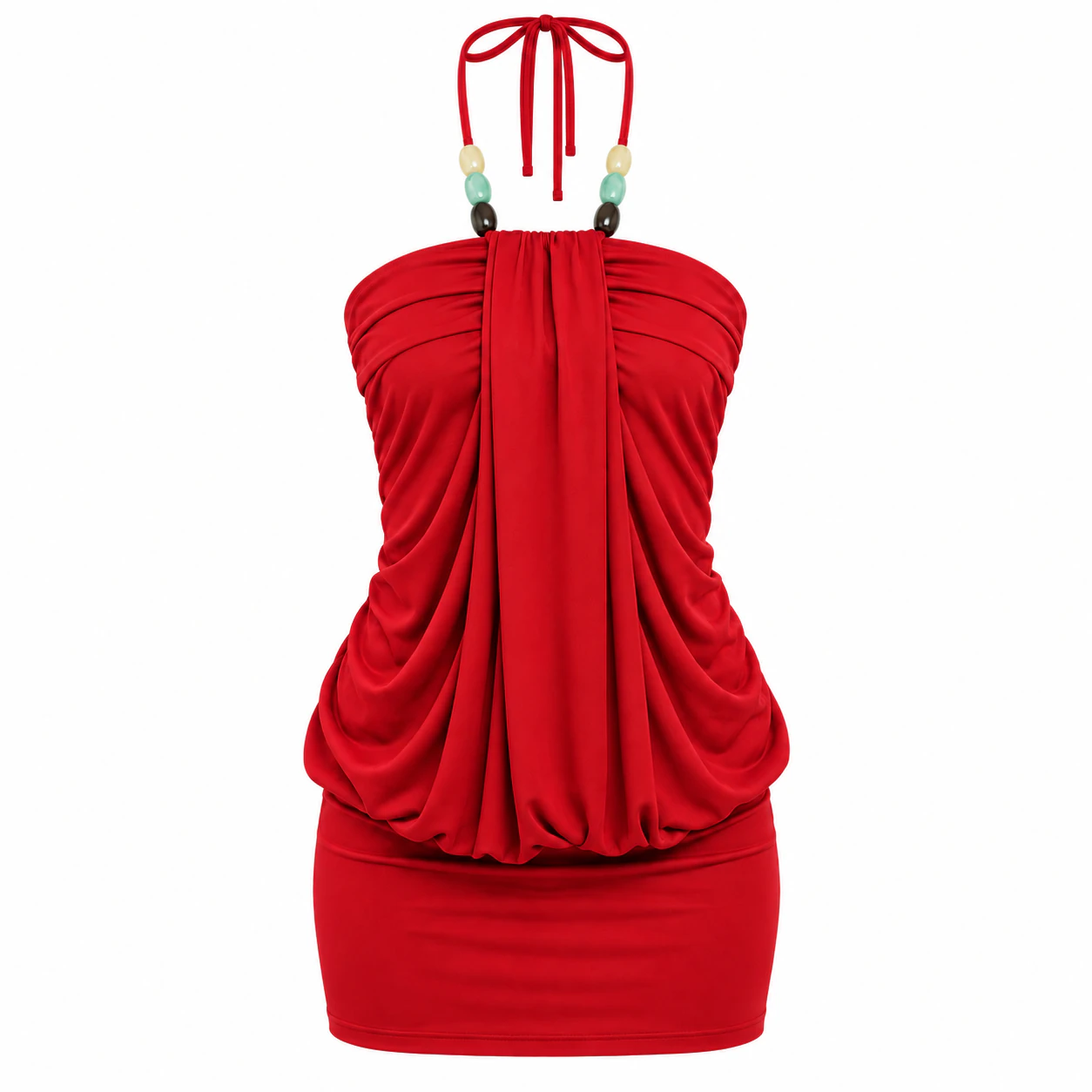 Red beaded tie-halter draped mini dress option