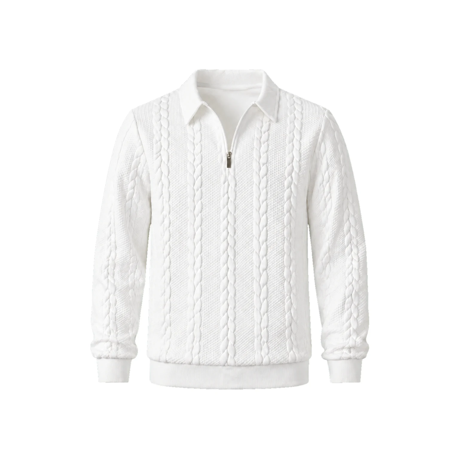 White cable-knit half-zip polo sweater.