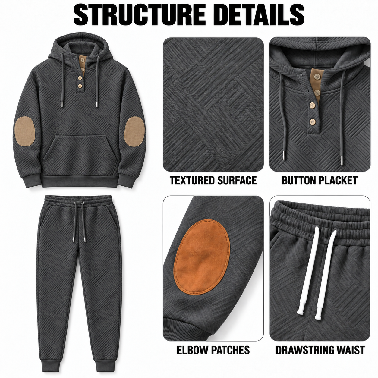 Textured hoodie and jogger construction details