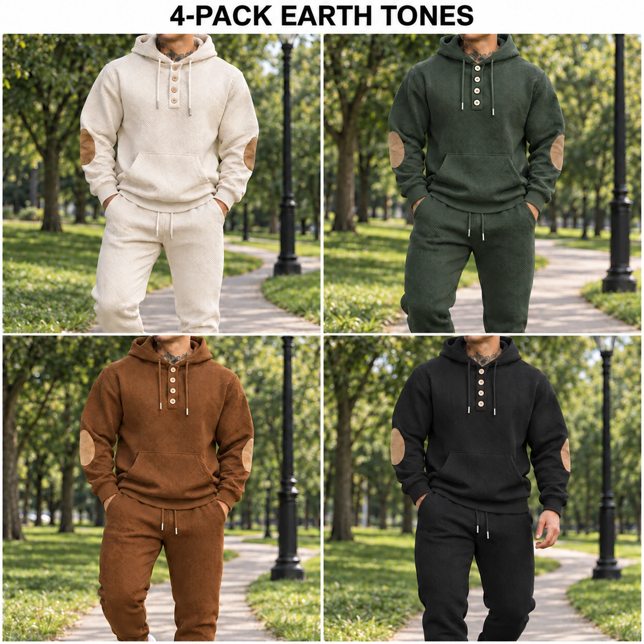 4-Pack Earth Tones textured hoodie and jogger set