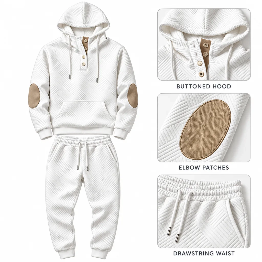 Buttoned hood, elbow patches and drawstring waist details
