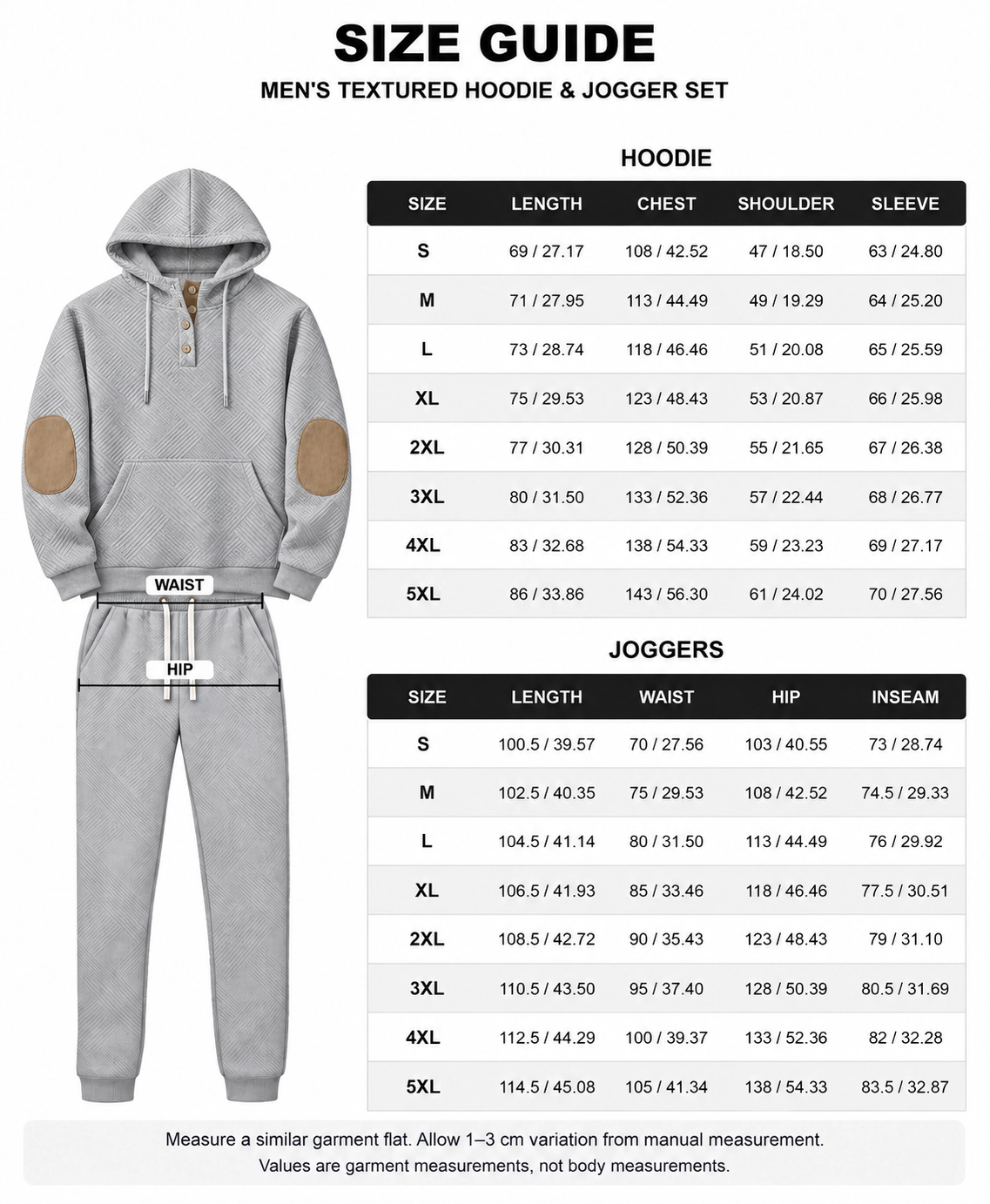 Garment measurements for hoodie and joggers, S through 5XL, centimeters and inches