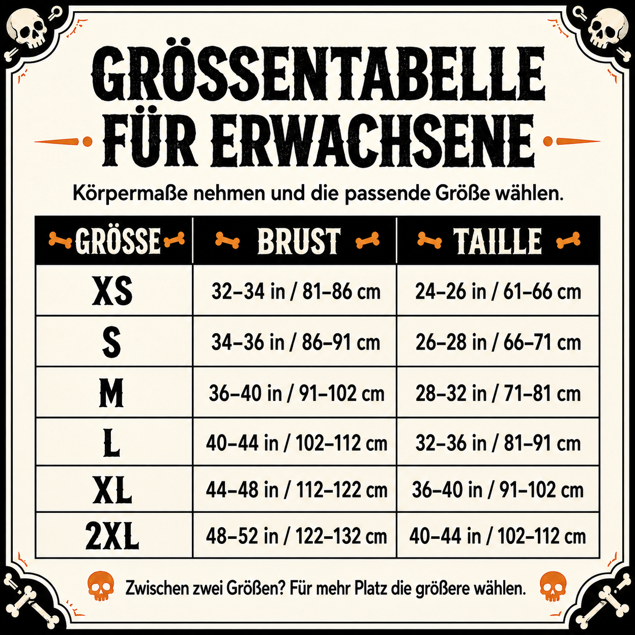 Größentabelle für das Skelettkostüm – XS bis 2XL
