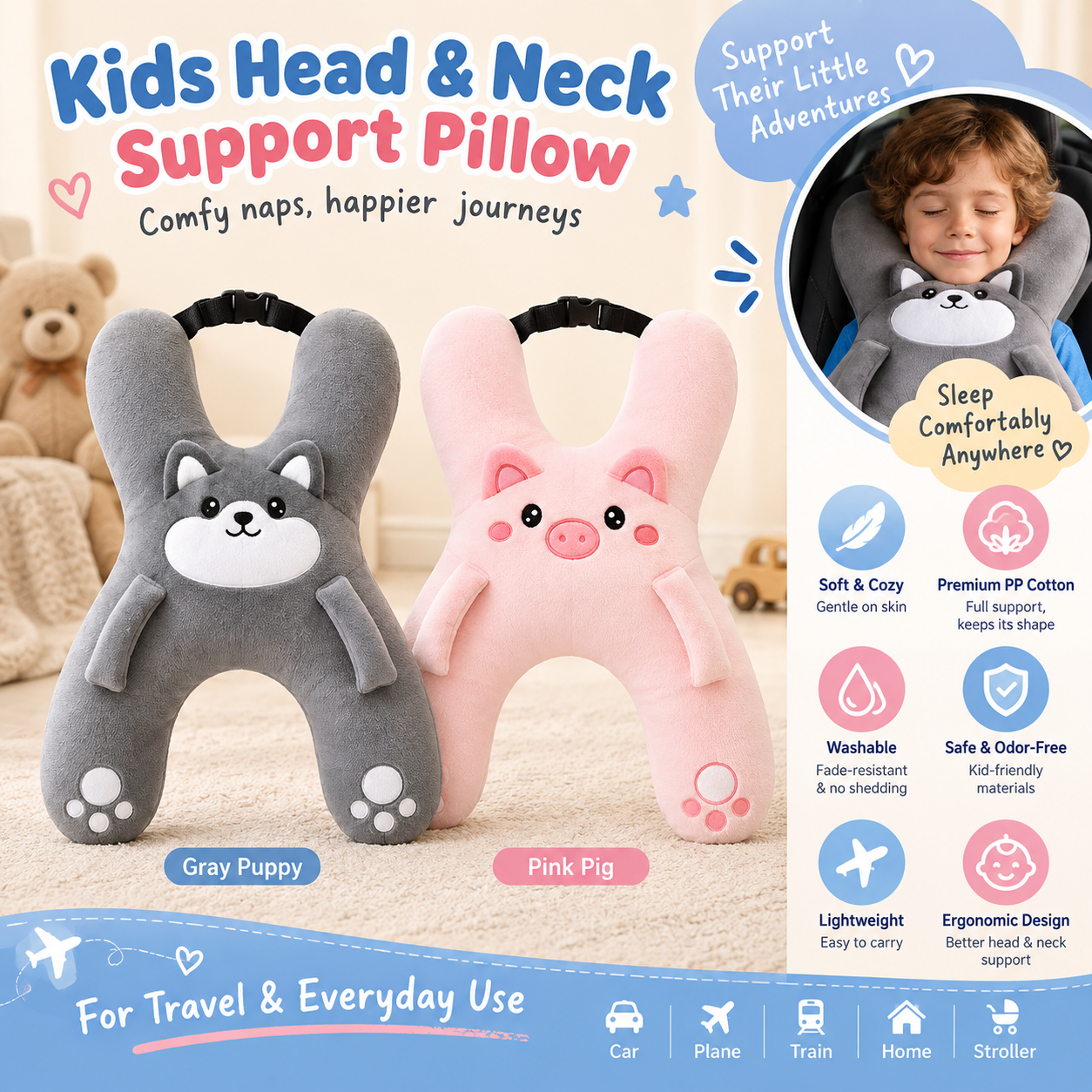 🔥 50% OFF – Kids Head & Neck Support Pillow | For Travel & Daily Use