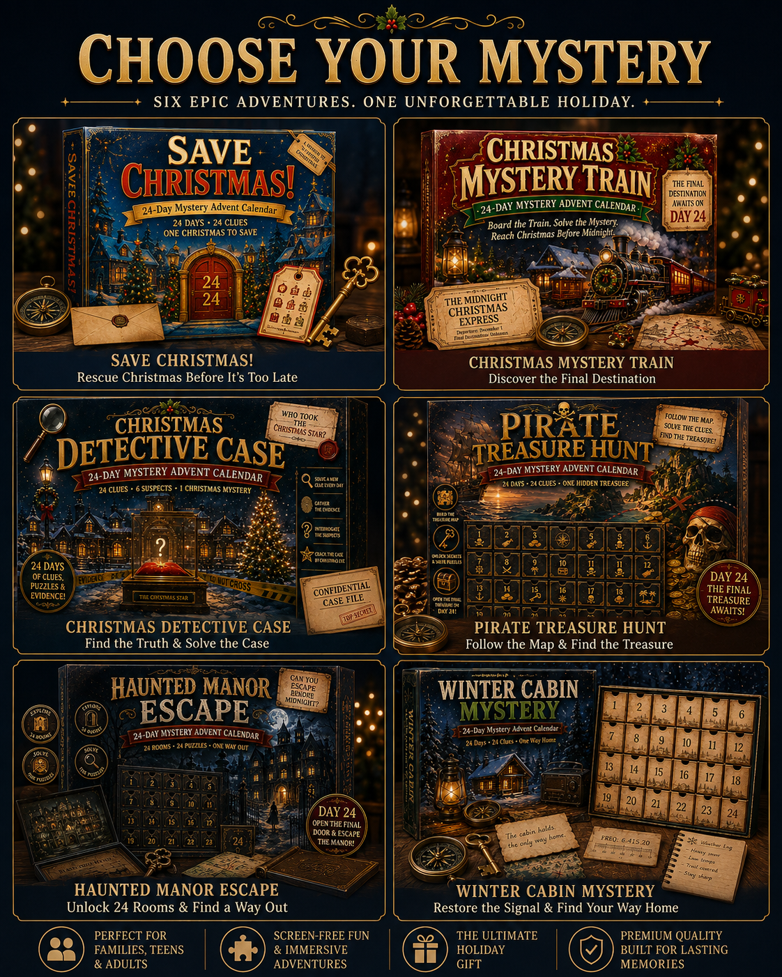 Six Mystery Advent Calendar adventure themes