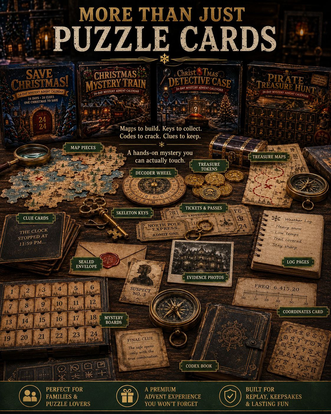 Mystery calendar maps keys tickets clues and puzzle pieces
