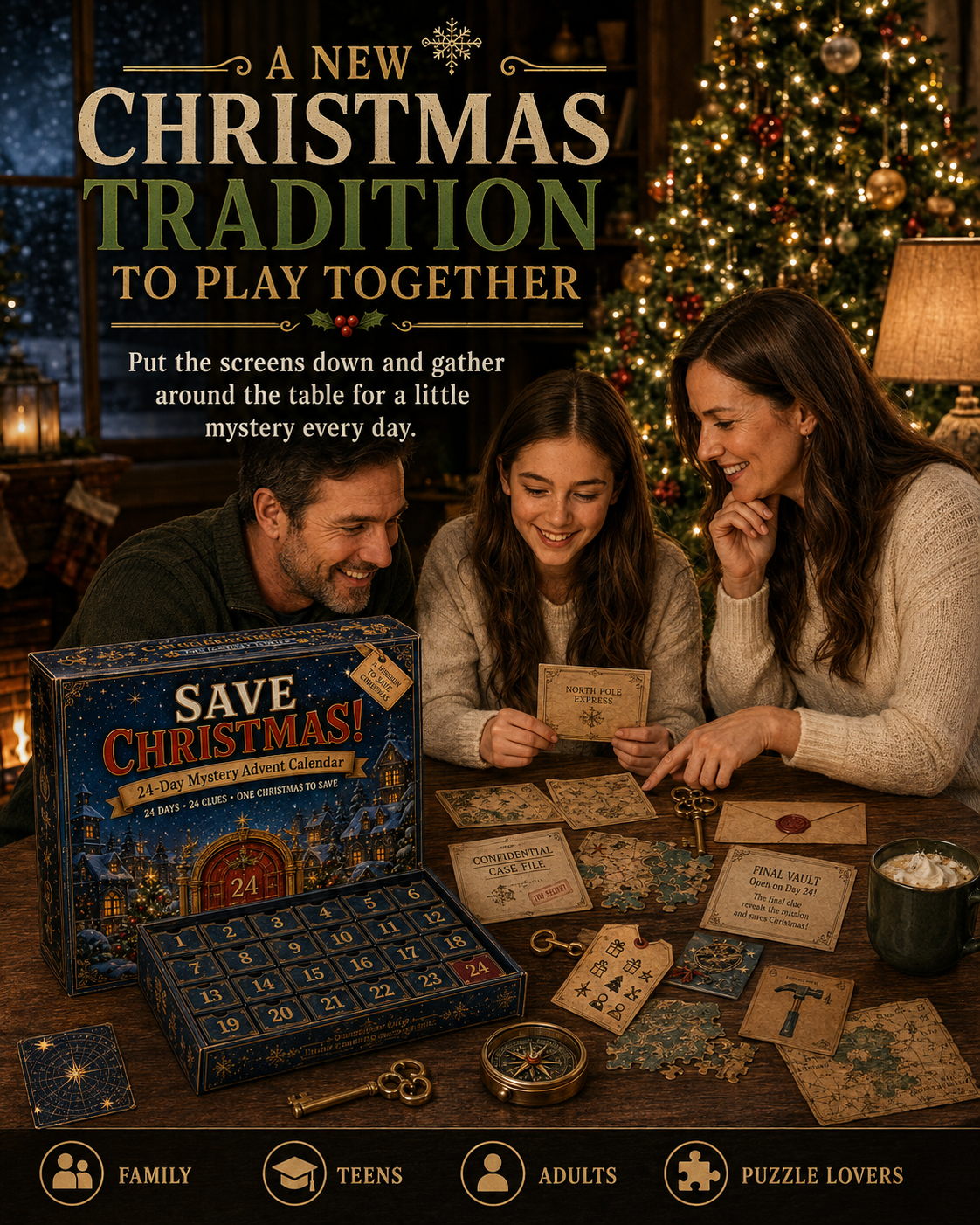 Family solving Mystery Advent Calendar together