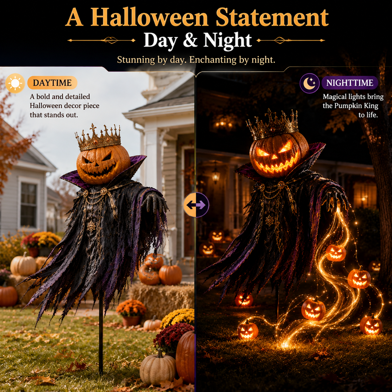 Pumpkin King Halloween decoration day and night comparison