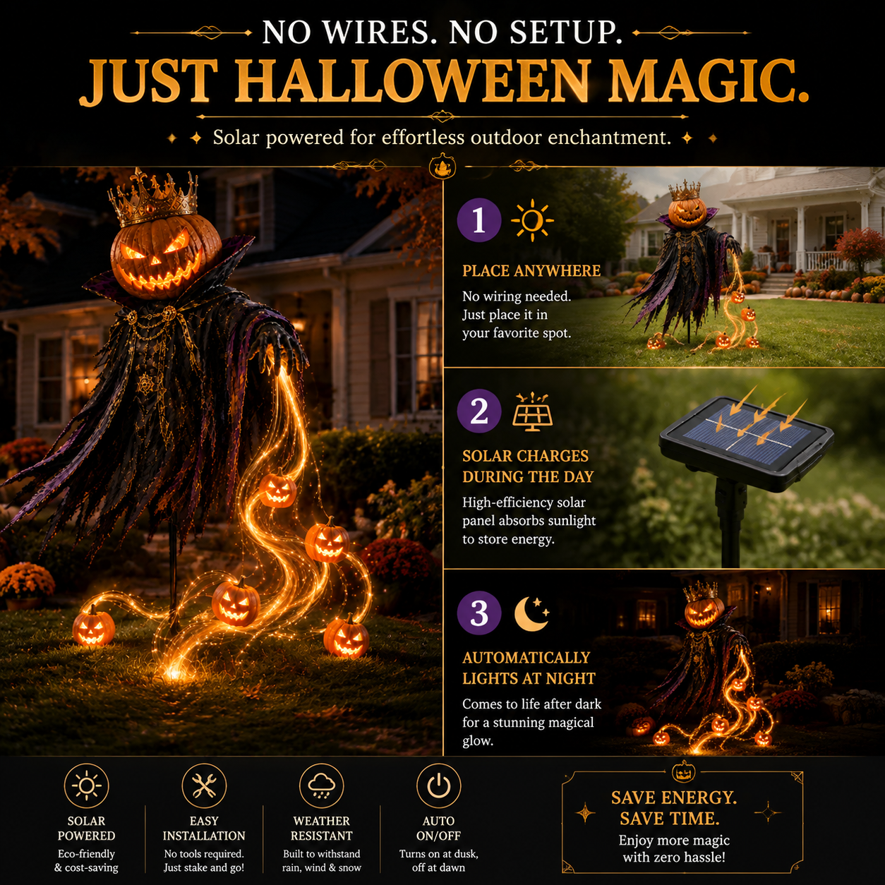 Solar powered Pumpkin King outdoor Halloween light