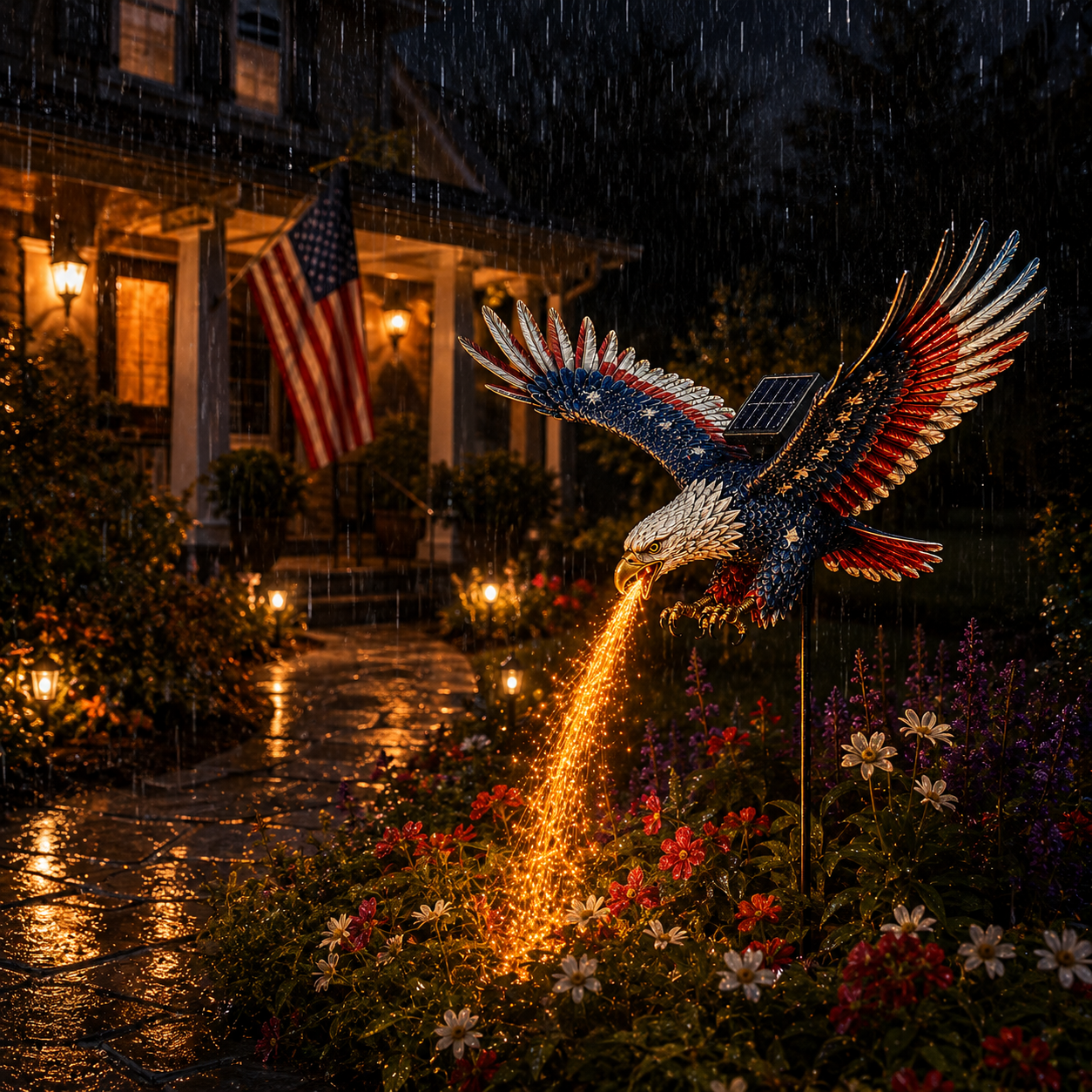 Freedom Eagle garden light displayed during rain