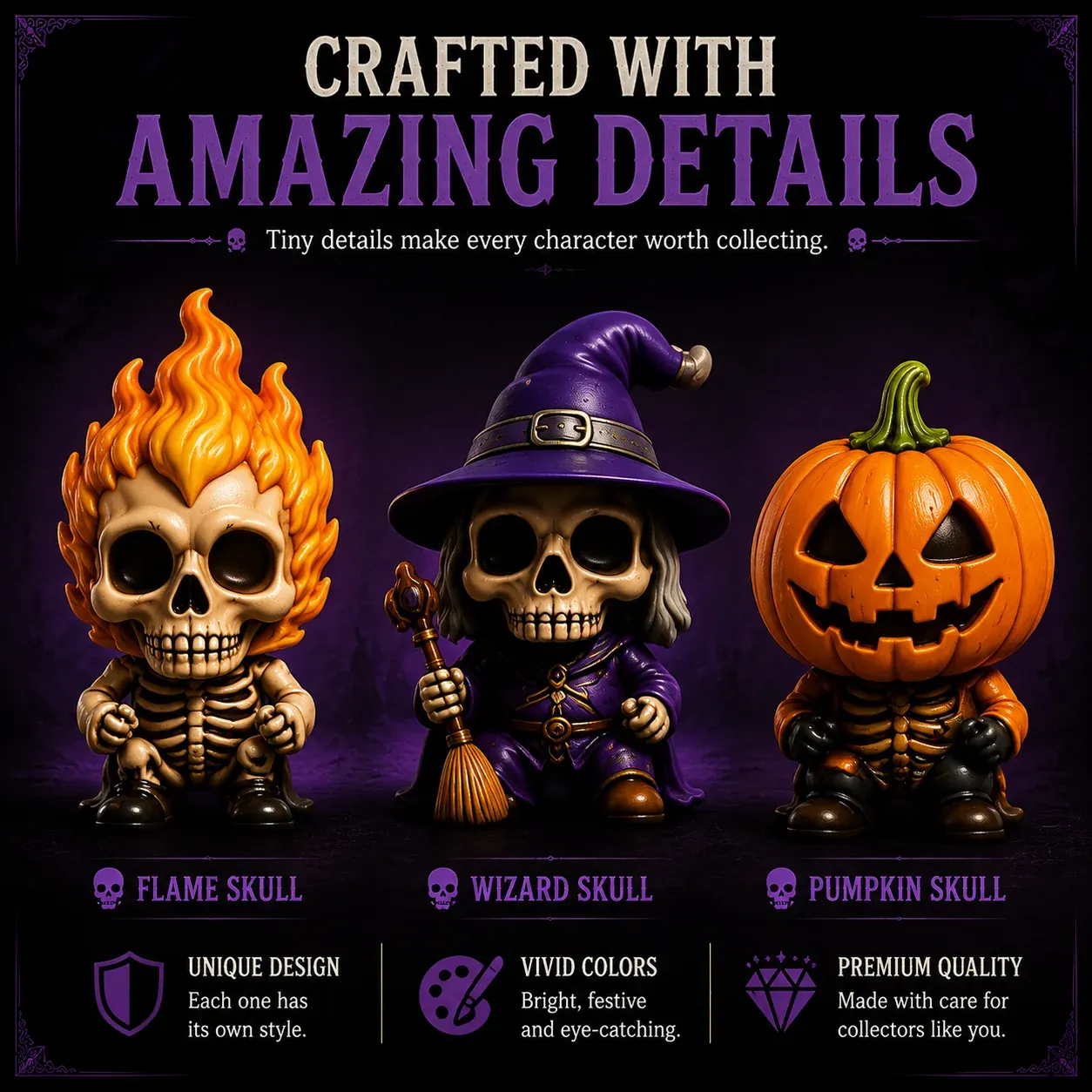 24 collectible skull figures Halloween display