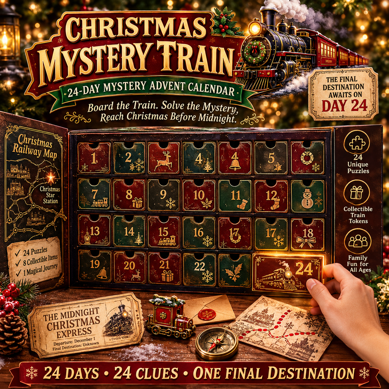 24-Day Mystery Adventure Advent Calendar Collection – 24 Clues, One Final Reveal gift and lifestyle view