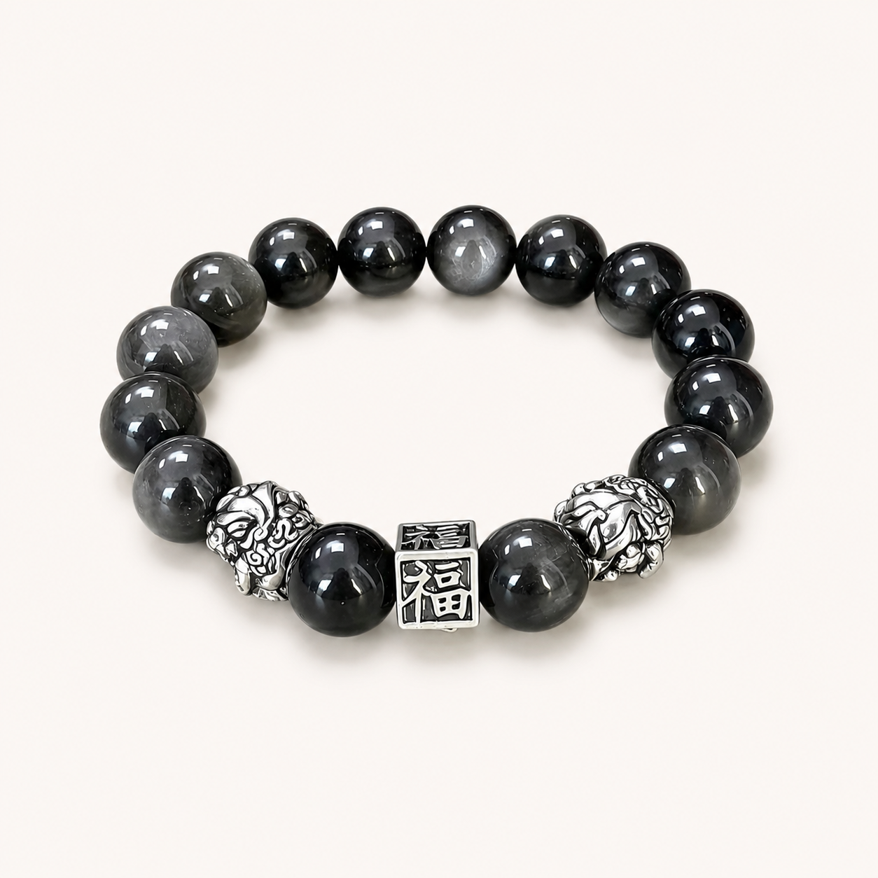 Silver Obsidian Pixiu Guardian Bracelet
