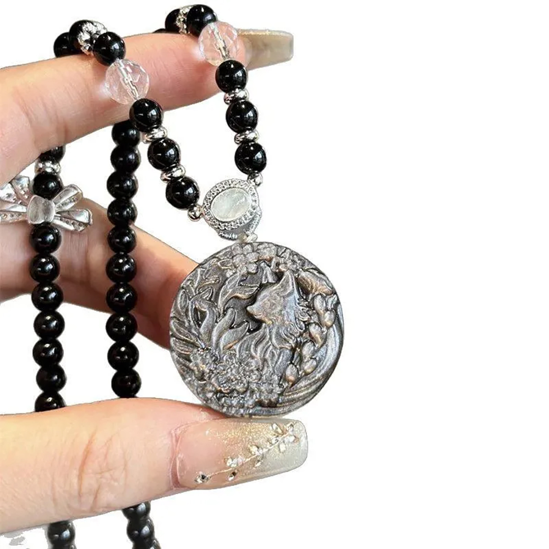 Nine-Tailed Fox Silver Obsidian Necklace