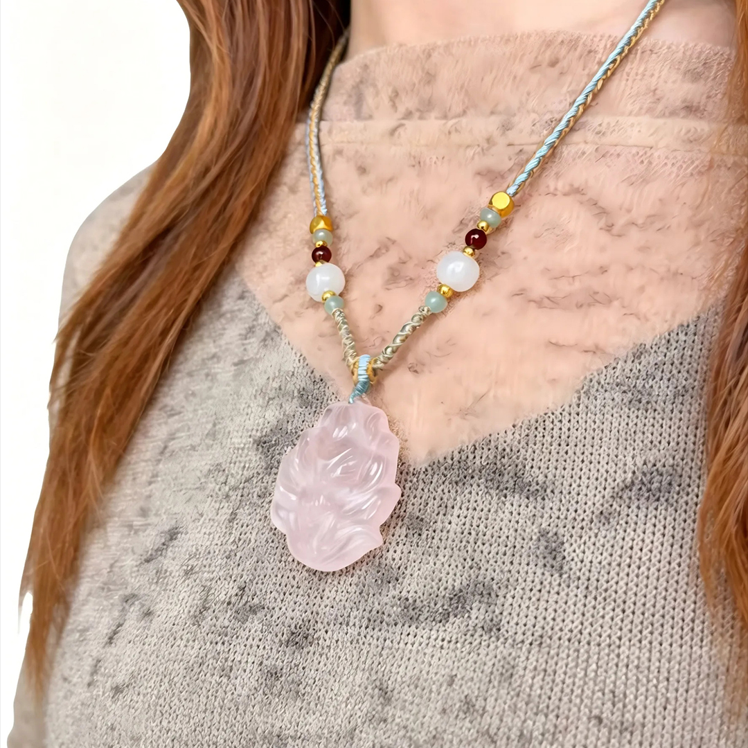 Rose Quartz Nine-Tailed Fox Pendant