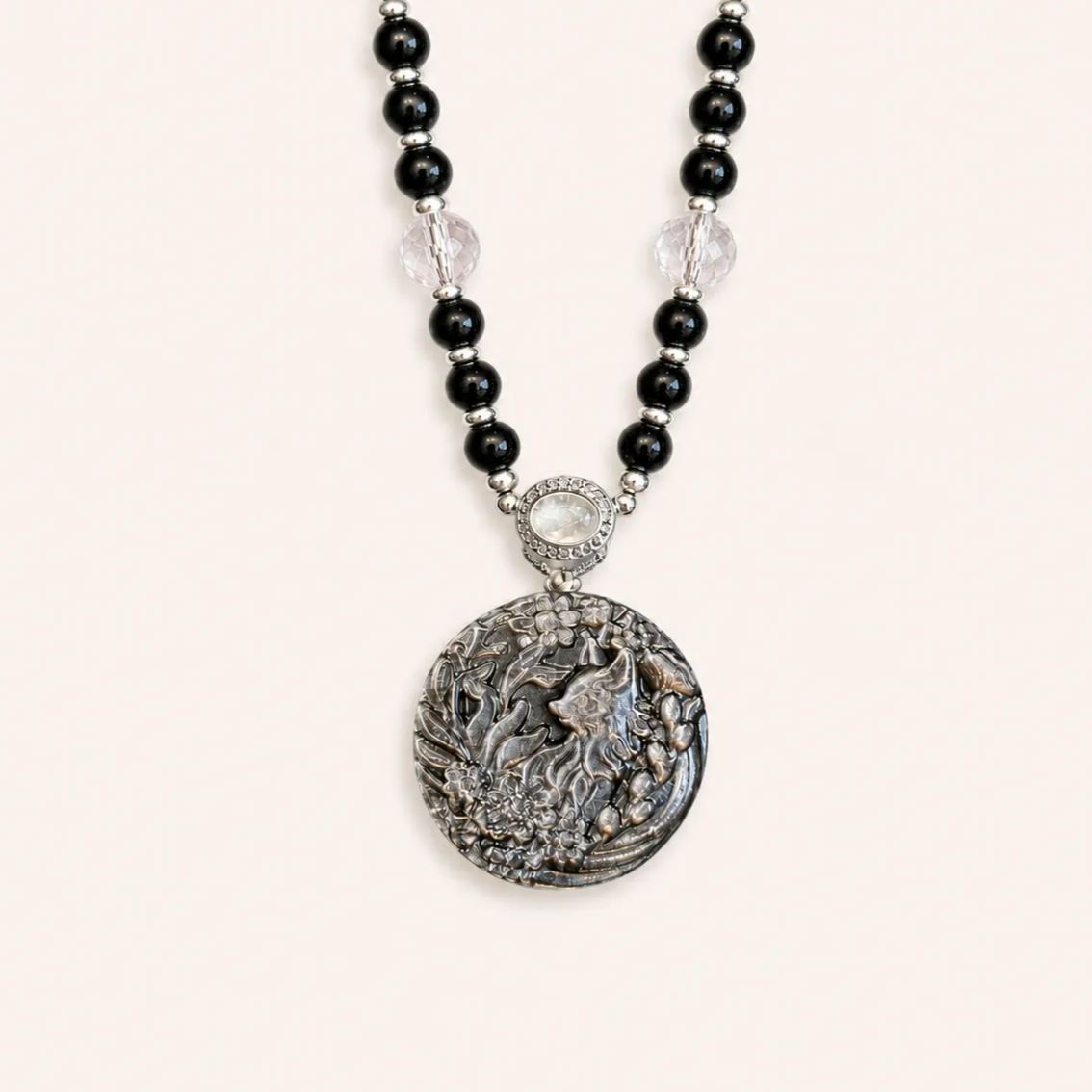 Nine-Tailed Fox Silver Obsidian Necklace