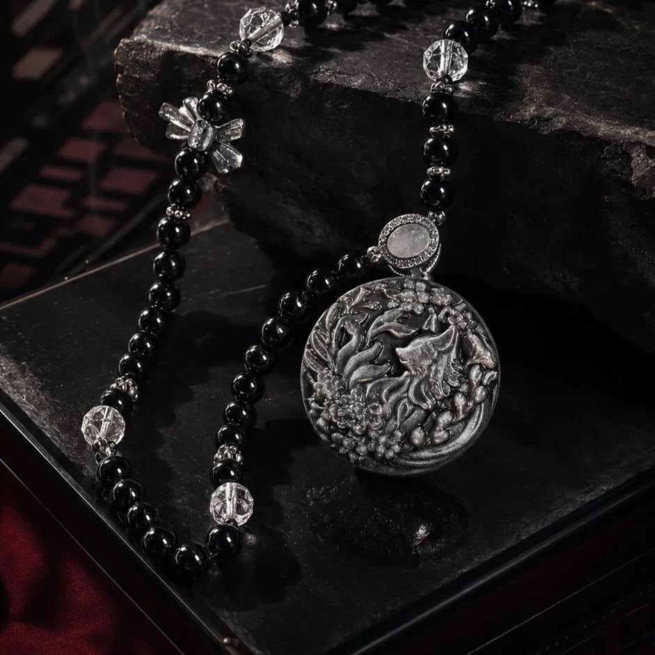 Nine-Tailed Fox Silver Obsidian Necklace