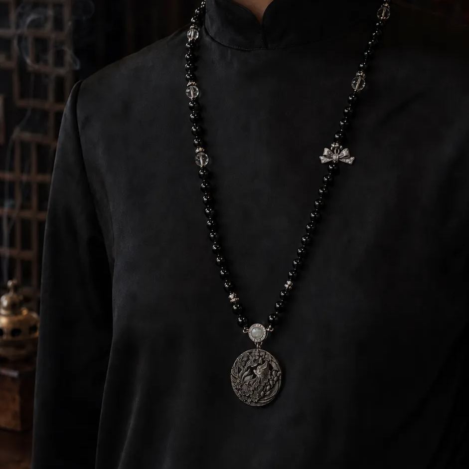 Nine-Tailed Fox Silver Obsidian Necklace
