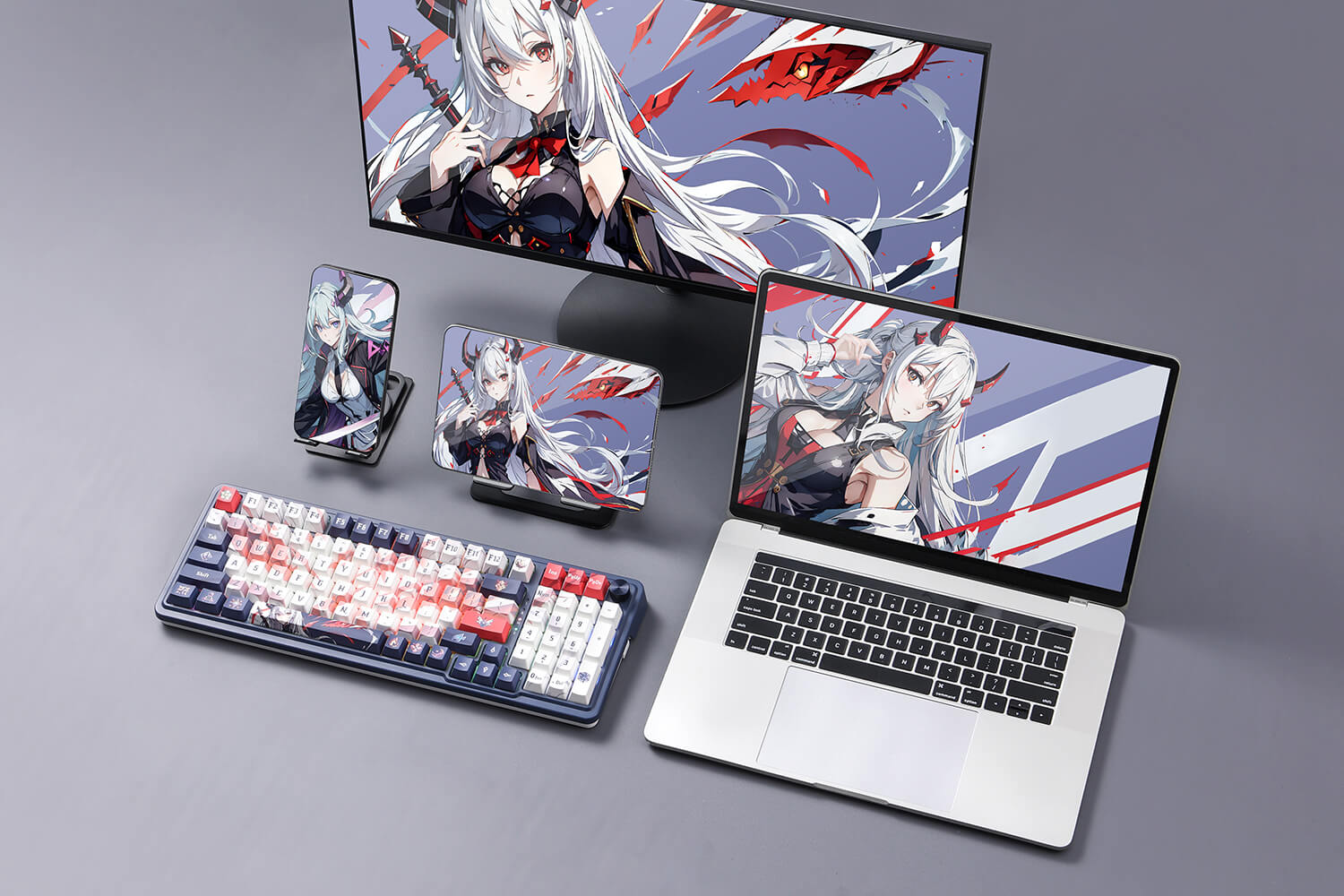 K686 PRO SE keyboard with anime-inspired keycaps, paired with various devices, all displaying matching anime backgrounds