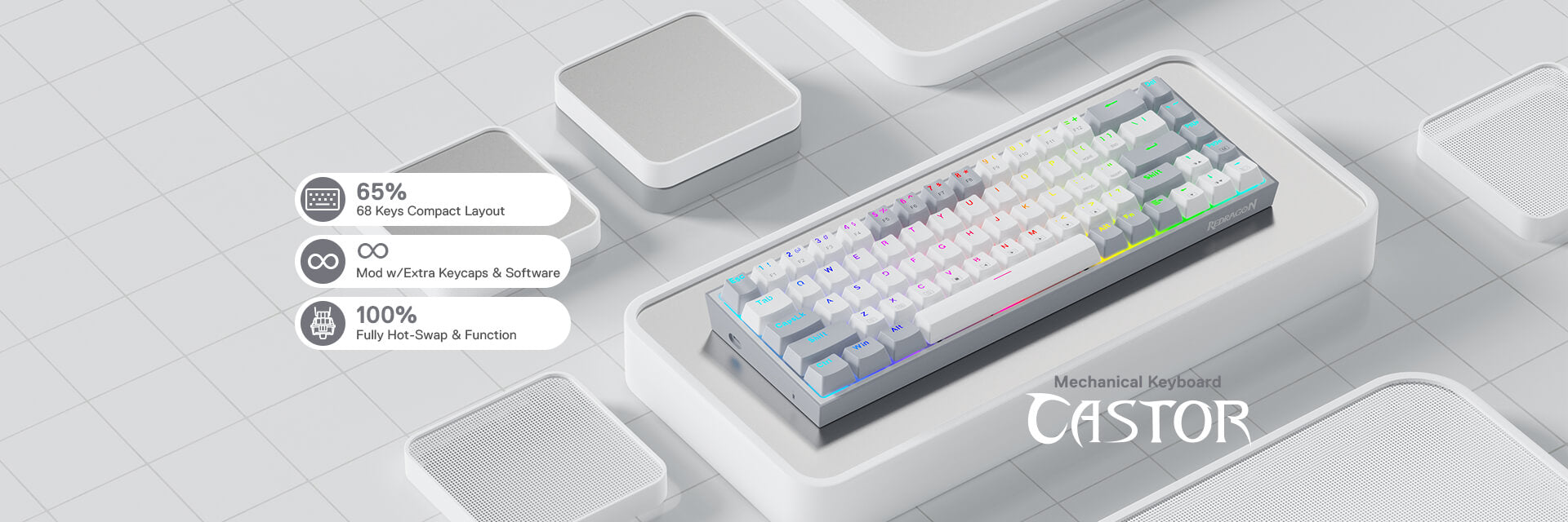 68 Keys Hot-Swappable Compact Mechanical Keyboard w/100% Hot-Swap Socket, Free-Mod Plate Mounted PCB & Dedicated Arrow Keys