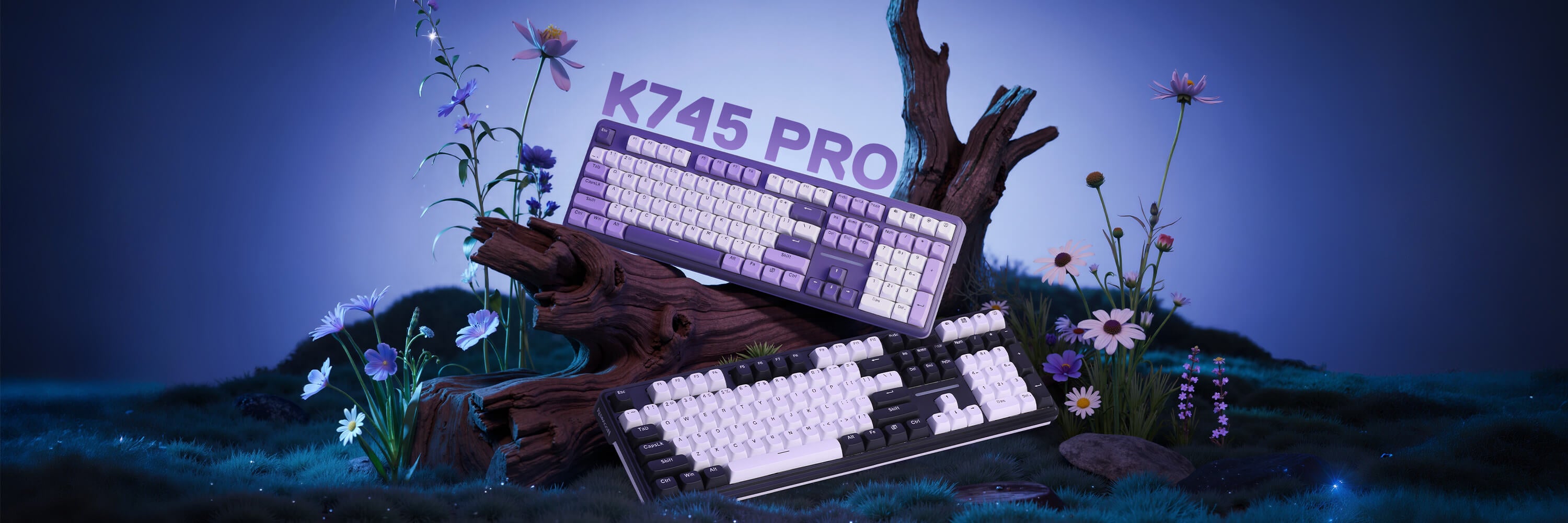 Keyboard with 'K745 PRO' branding on a natural background with flowers and trees.