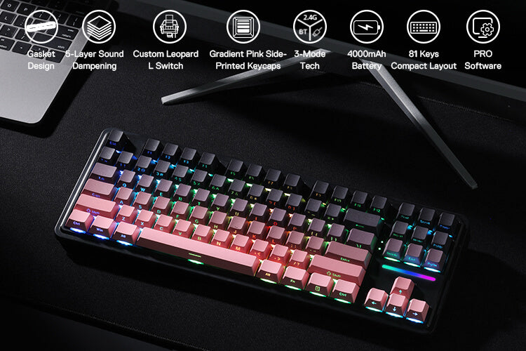 Redragon K728 PRO 80% Wireless Gasket Gaming Keyboard, 3-Mode 87 Keys TKL Mechanical Keyboard w/South-Facing LED & Hot-Swap Socket, 5-Layer Noise Dampening, Custom Linear Switch, PBT Gradient Keycaps