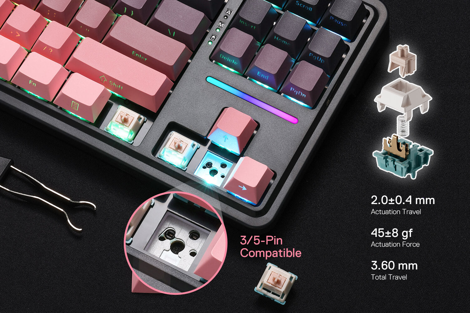 Redragon K728 PRO 80% Wireless Gasket Gaming Keyboard, 3-Mode 87 Keys TKL Mechanical Keyboard w/South-Facing LED & Hot-Swap Socket, 5-Layer Noise Dampening, Custom Linear Switch, PBT Gradient Keycaps