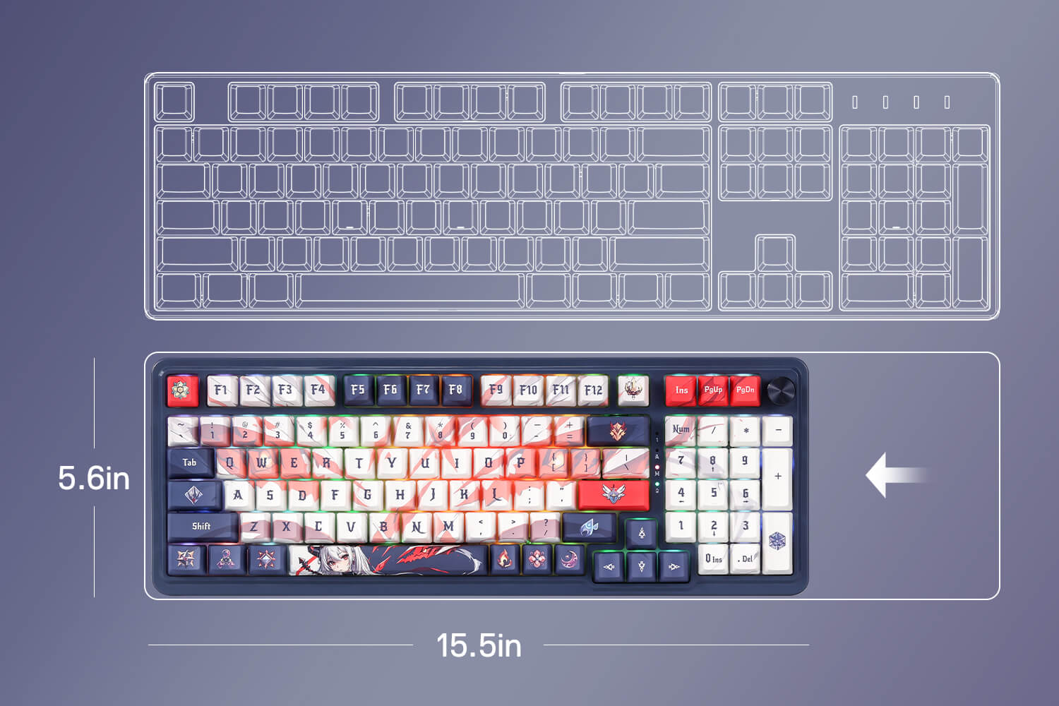 Keyboard design comparison, highlighting the compact size of Redragon K686 PRO SE's 98-key layout with anime-style keycaps