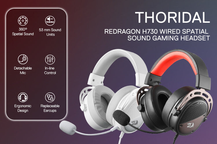 Redragon H730 USB Wired Gaming Headset - 53mm Drivers, 360° Spatial Sound, Detachable Noise-Canceling Microphone, Magnetic Replaceable Ear Cushions, Over-Ear Headphones Works for PC/PS4/PS5, White Black