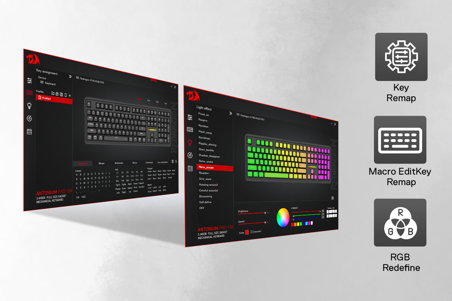 Software interface for configuring a keyboard with options like key remap, macro edit, and RGB redefine on a white background.