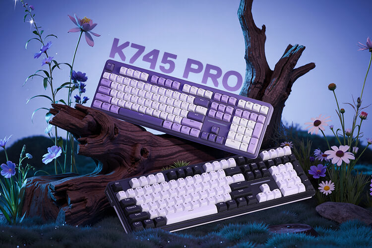 Keyboard with 'K745 PRO' branding on a natural background with flowers and trees.
